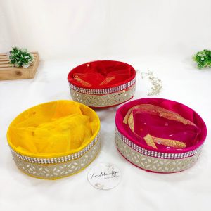 Vibrant Decorative Shagun Trays in Yellow, Red, and Pink with Golden Lace for Weddings, Nikkah Ceremonies, and Bridal Showers