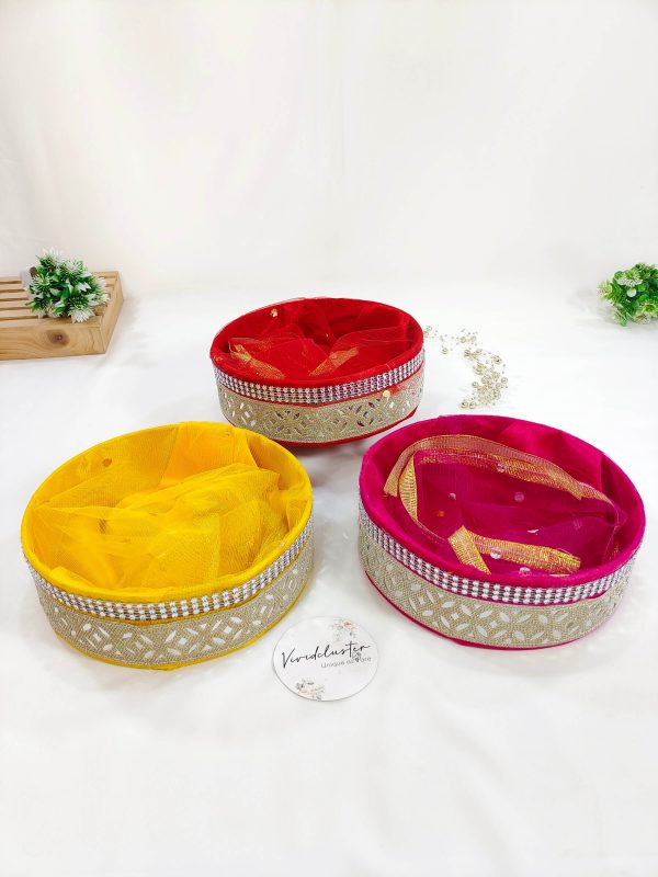 Vibrant Decorative Shagun Trays in Yellow, Red, and Pink with Golden Lace for Weddings, Nikkah Ceremonies, and Bridal Showers