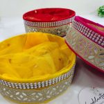 Colorful Shagun Platter Set for Wedding Favors and Baby Showers, featuring Yellow, Red, and Pink with Elegant Golden Accents
