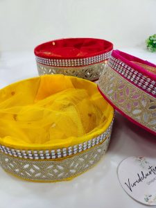 Colorful Shagun Platter Set for Wedding Favors and Baby Showers, featuring Yellow, Red, and Pink with Elegant Golden Accents