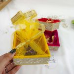 Beautiful Yellow, Red, and Pink Shagun Trays with Golden Accents, Ideal for Wedding Favors, Nikkah Ceremonies, and Bridal Showers
