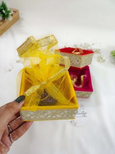 Beautiful Yellow, Red, and Pink Shagun Trays with Golden Accents, Ideal for Wedding Favors, Nikkah Ceremonies, and Bridal Showers
