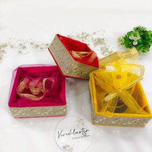 Vibrant Shagun Trays with Golden Lace, Suitable for Wedding Gifts, Baby Showers, and Dry Fruit Favors