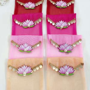 lotus net Organza Lotus Pouch in vibrant colors with intricate golden lace and sequin details, perfect for nikah ceremony envelopes and wedding favors