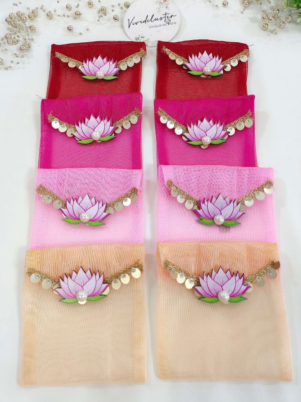 lotus net Organza Lotus Pouch in vibrant colors with intricate golden lace and sequin details, perfect for nikah ceremony envelopes and wedding favors