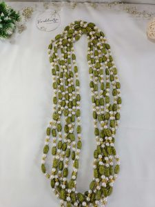 green and gold beaded Milni Malas with pearls ideal for wedding favors, bridesmaid presents, and guest welcome malas