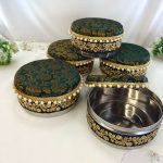 Beautifully decorated laddu shagun boxes in green color featuring gold embroidery and a stainless steel interior, ideal for giveaway favor guests gift