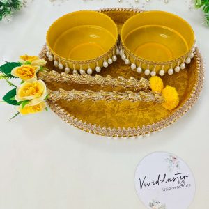 Beautiful Haldi ceremony platter with decorative yellow bowls, adorned with pearl trim and floral charm made it for the Haldi ritual Haldi Ceremony Platter Crafted with attention to detail