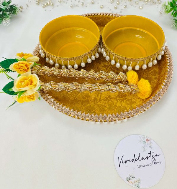 Beautiful Haldi ceremony platter with decorative yellow bowls, adorned with pearl trim and floral charm made it for the Haldi ritual Haldi Ceremony Platter Crafted with attention to detail