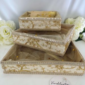 Embroidery Gold shagun tray with lace detailing, perfect for weddings and special occasions. This beautifully crafted tray features intricate lace accents, making it ideal for nikah ceremonies, wedding favors, return gifts, and bridal showers.