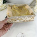 Golden Shagun Embroidery Tray has intricate lace detailing and is ideal for weddings and special occasions. This beautifully crafted tray features delicate lace accents, making it perfect for nikah ceremonies, wedding favors, return gifts, and bridal showers.