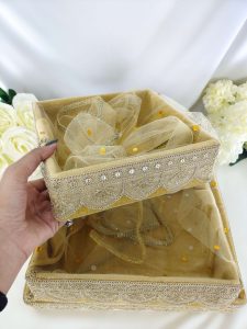 Golden Shagun Platter with Lace Detailing, Ideal for Wedding Favor and Return Gift
