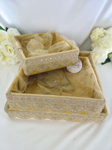 Beautiful Lace-Embellished MDF Velvet Shagun Tray, Perfect for Engagement and Wedding Giveaways.