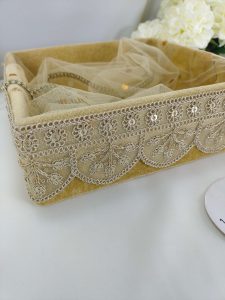 Lace-trimmed MDF Velvet Golden Tray for Wedding Favor, Nikah Ceremony, and Bridal Shower Gifts