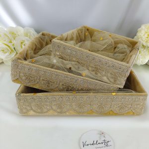 Lace-Adorned Golden Shagun Tray for Wedding Gifts and Baby Shower Keepsakes