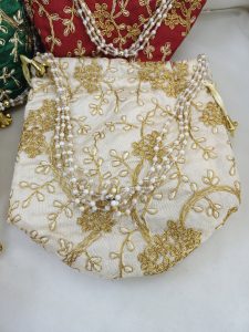 gray Colorful embroidery wedding potli bags with embroidery golden designs, suitable for wedding favors, bridesmaid gifts, and wedding accessories. Perfect for Nikah ceremonies.