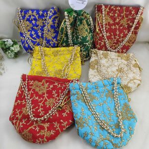 Colorful embroidery wedding potli bags with embroidery golden designs, suitable for wedding favors, bridesmaid gifts, and wedding accessories. Perfect for Nikah ceremonies.