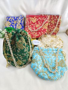 Handcrafted embroidery wedding potli bags, ideal for wedding favors, bridesmaid gifts, and accessories for Nikah ceremonies and other wedding events