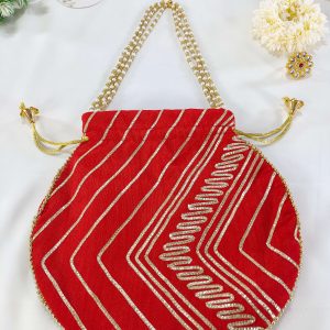 "Red Gota Potli bag with intricate gold detailing and pearl handles, ideal for weddings, nikah ceremonies, and bridal giveaways