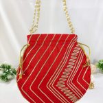 Beautifully crafted red Gota Potli with gold embroidery and pearl accents, suitable for nikah ceremony gift hampers and wedding giveaways