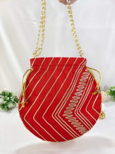 Beautifully crafted red Gota Potli with gold embroidery and pearl accents, suitable for nikah ceremony gift hampers and wedding giveaways
