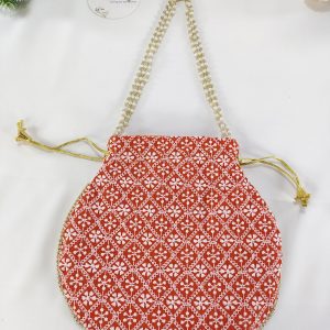 Embroidery Wedding Potlis with intricate white patterns on a rich red base, perfect for wedding favors, bridesmaid gifts, and nikah ceremony accessories