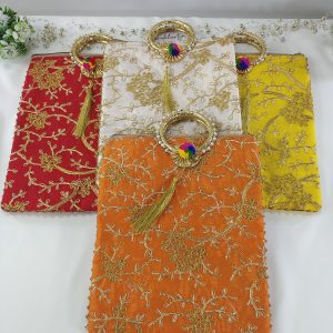 collection of beautifully embroidered wedding potli bags comes in a variety of vibrant colors such as red, white, green, and yellow, with golden floral embroidery and features a stylish golden handle with a colorful tassel, making it a perfect wedding accessory