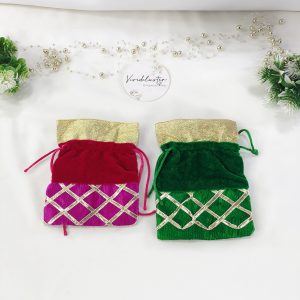 velvet potli bags in red and green, for wedding favors, bridal shower gifts, baraati favors, and bridesmaid gifts