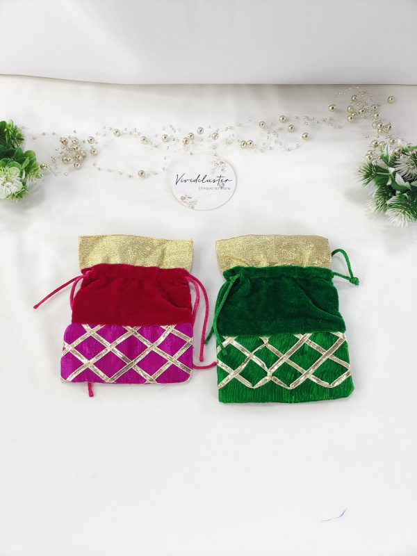 velvet potli bags in red and green, for wedding favors, bridal shower gifts, baraati favors, and bridesmaid gifts